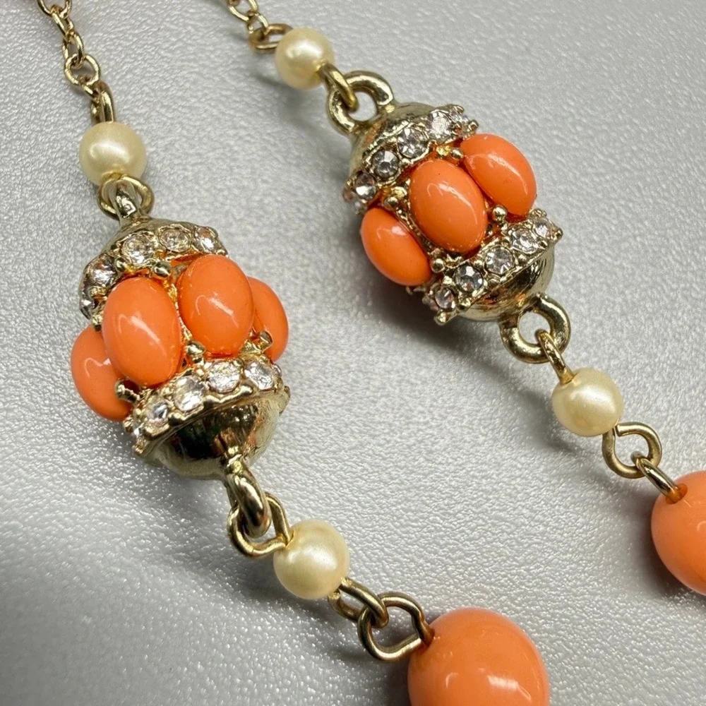 Banana Republic Orange Bead and Faux Pearl Station Necklace 34